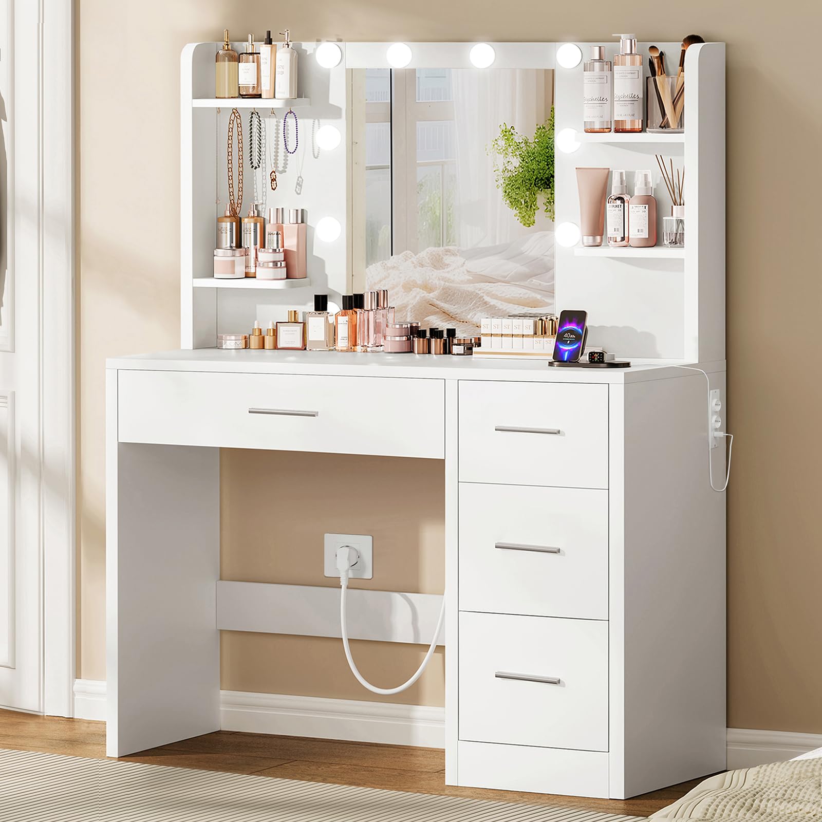 TEENFON Toeletta Trucco con Specchio, 3 con Luminosità Regolabile, Postazione Trucco con 4 Ripiani Apert, Bianco,Presa, 4 Cassetti, 5 Ganci per Gioielli