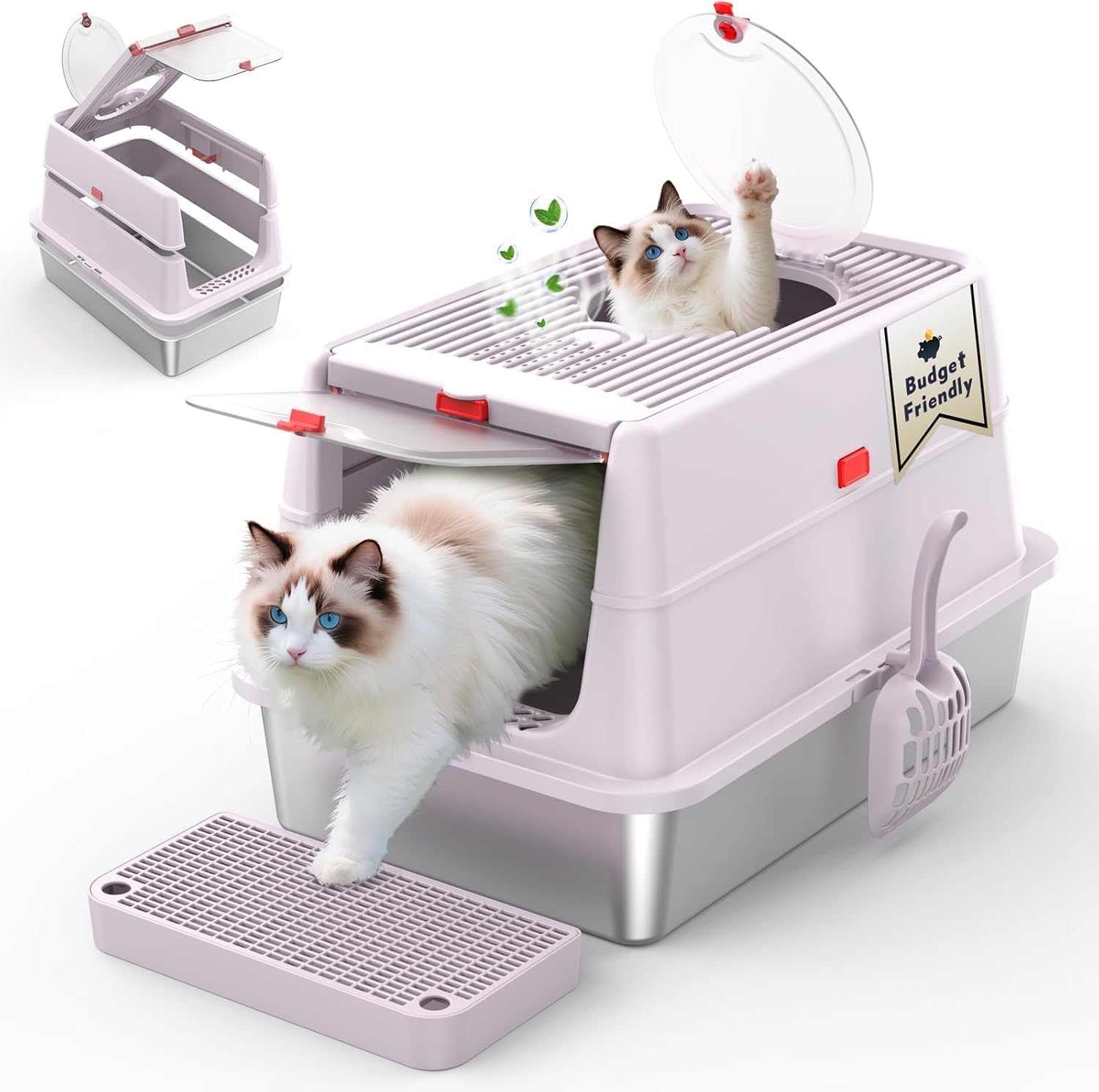 stainless steel cat litter box with lid, 180° flip top kitty litterbox, xl high sided enclosure litter pan for big cats, front & top entry, anti-leakage, odor-free, includes scoop mat, purple