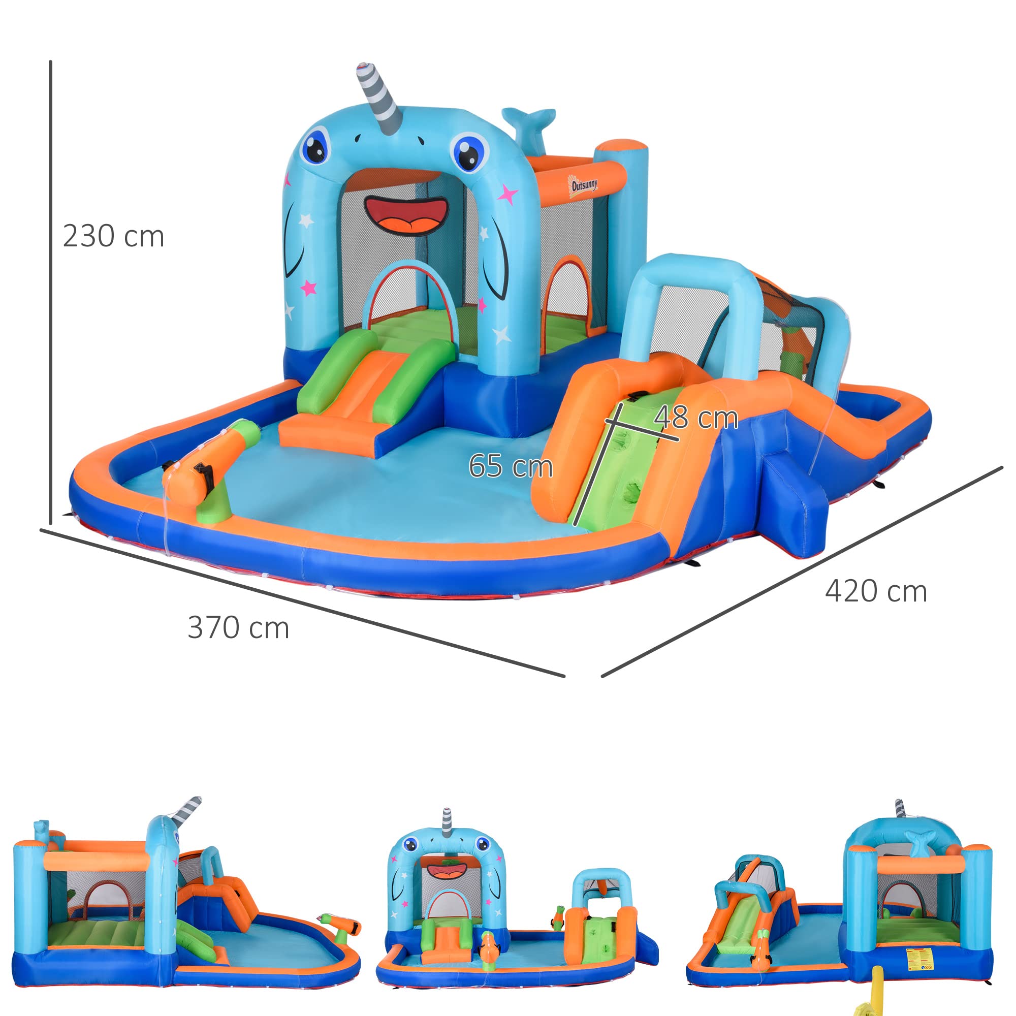 Outsunny Château Gonflable Structure Gonflable Aire de Jeux avec Pistolet à Eau Toboggan Trampoline piscines + 3-8 Ans avec gonfleur et Sac de Transport 420 x 370 x 230 cm - Multicolore