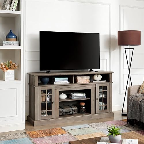 Soporte de TV de madera con almacenamiento, centro de entretenimiento con armario de almacenamiento con puerta de cristal, consola de TV para TV de