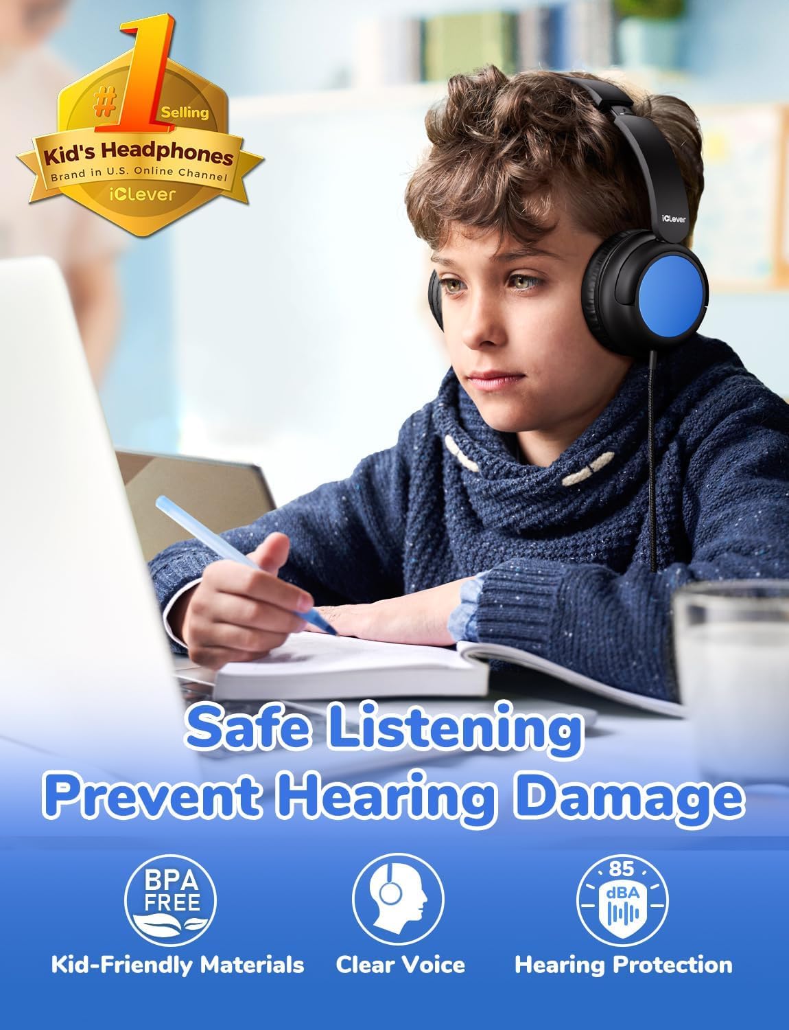 iClever Cuffie per bambini con cavo, confezione da 5, cuffie per bambini per la scuola | SafeSound Tech, suono stereo, pieghevoli, anti-groviglio, comode cuffie over-ear per bambini, robuste cuffie con cavo