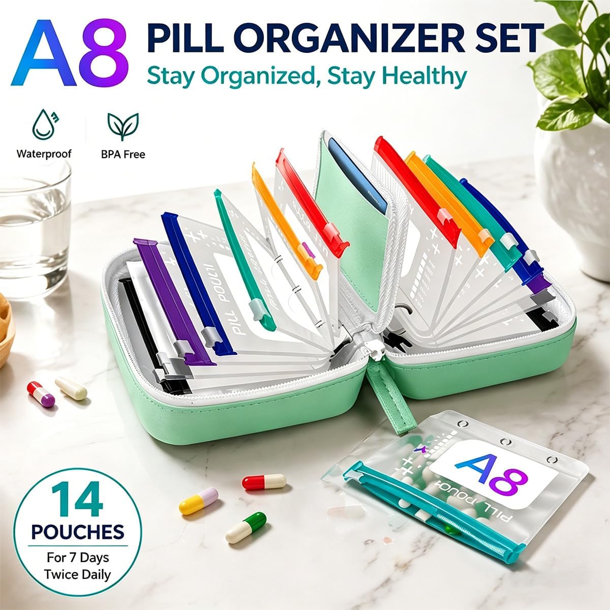A8 Waterproof Pill Organizer Set,Waterproof Pill Pouch Set, Reusable Travel Medicine Organizer with 14 Color-Coded Bags,7 Daily Large Pill Organizer, Reusable Travel Medicine Organizer(Black)