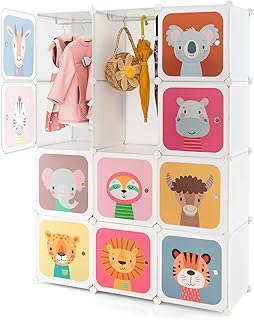 GYMAX Cartoon Clothes Closet, Portable Kids Wardrobe with Hanging Section, Children Storage Unit for Bedroom Nursery (White, 12 Cubes Animal: 109 x 37 x 145cm)
