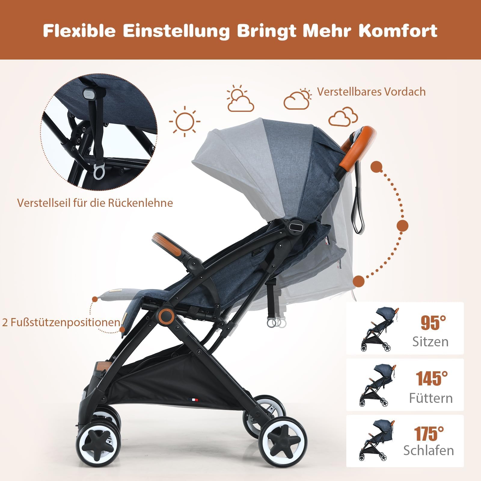 FANTASK Poussette pliable, ceinture de sécurité 5 points avec fonction allongée, capote et dossier réglable, poussette pour bébé jusqu'à 3 ans, charge maximale : 15 kg (bleu)