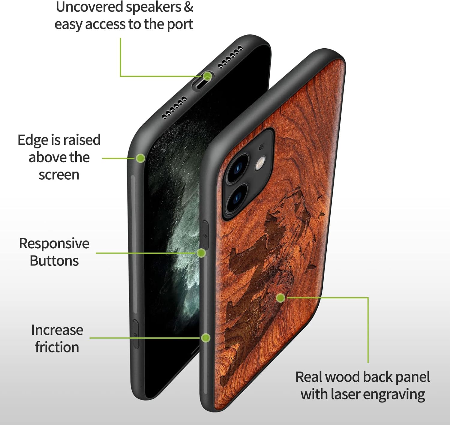 Carveit Wood Case for iPhone 11 Case [Natural Wood & Black Soft TPU] Shockproof Protective Cover Unique & Classy Wooden Phone Case Compatible with iPhone 11 (Bear and Valleys-Red Wood)