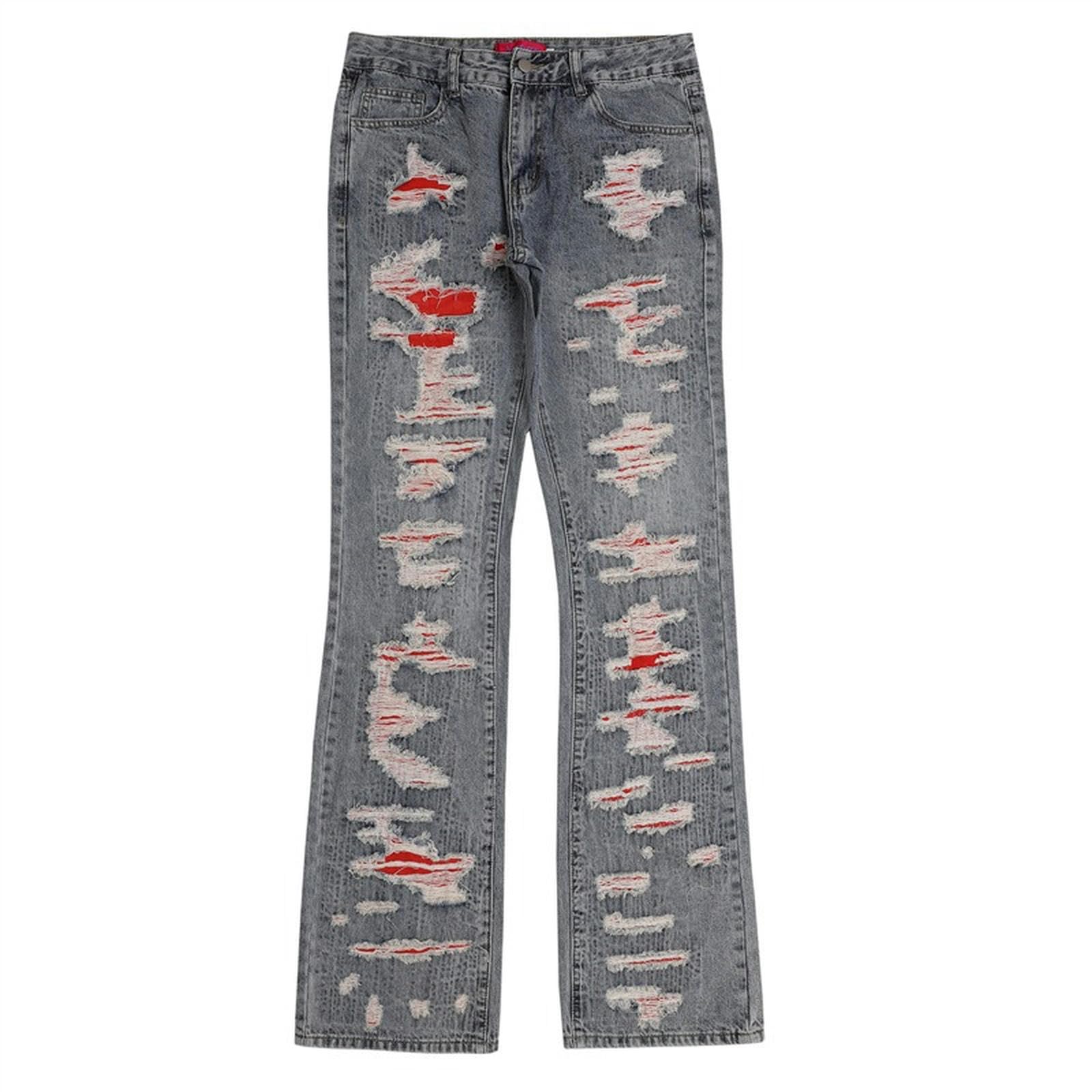 Jeans High Street Fake Hole da Uomo, Pantaloni Svasati con Bordo Grezzo - Blu - 3XL