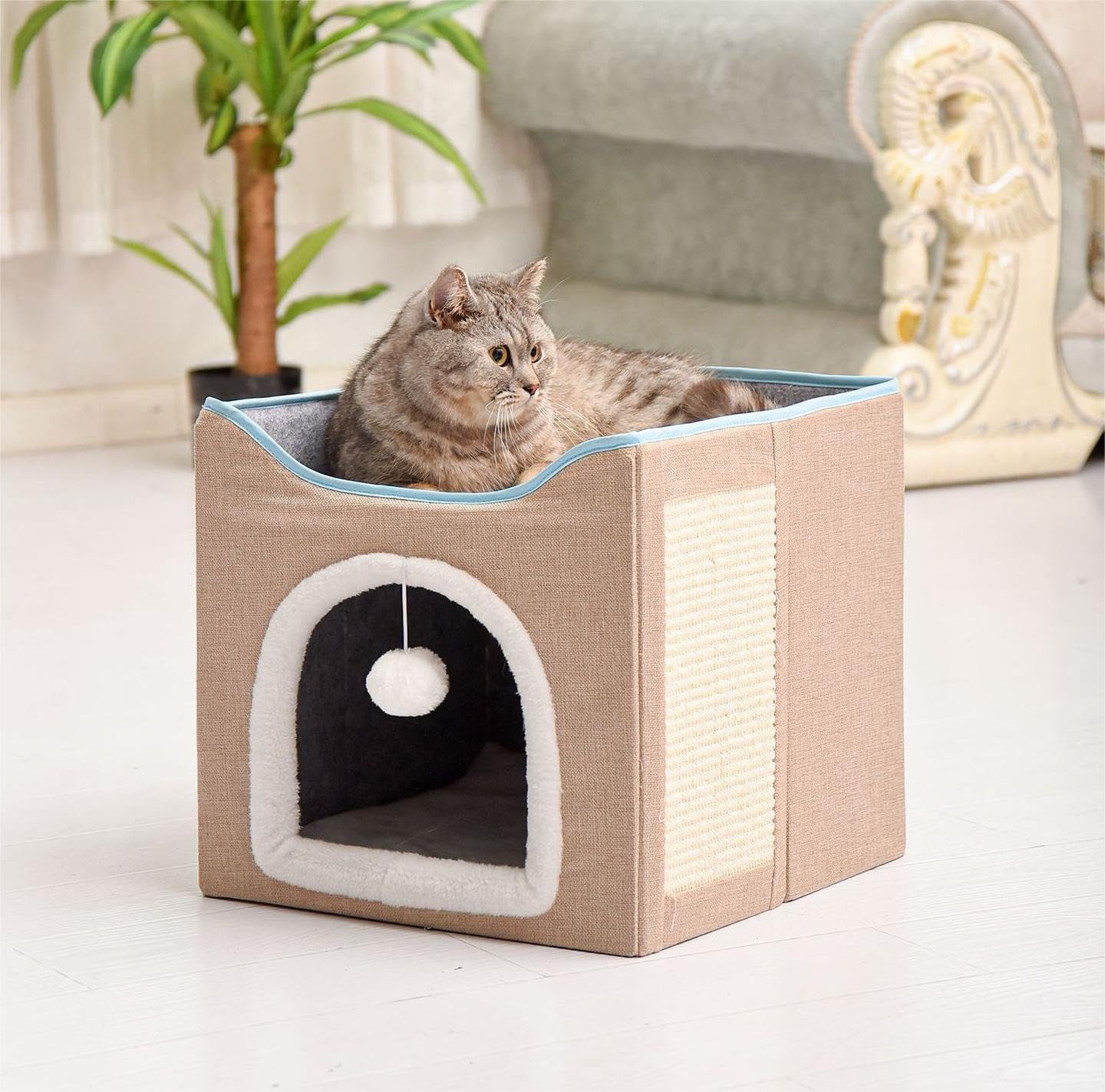 منزل مكعب القطط القابل للطي من السا اس ايه - مخبأ داخلي مع وسادة خدش وكرة ناعمة معلقة وخدش من السيزال - أسرّة كهف كبيرة للقطط، مأوى دافئ للحيوانات الأليفة - 39 × 39 × 33 سم
