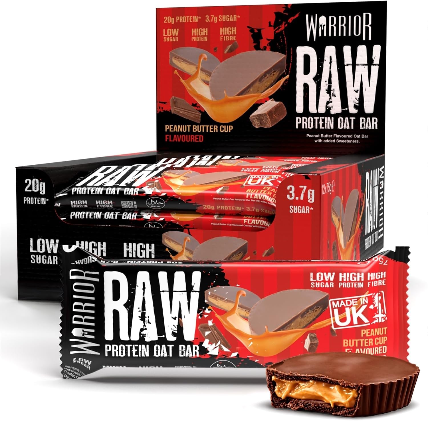 Warrior RAW Protein Bars 12 x 75g – 20g High Protein Bar, Low Sugar High Fibre Oat Protein Flapjack – Protein Snacks, Meal Replacement Bars (Peanut Butter Cup)