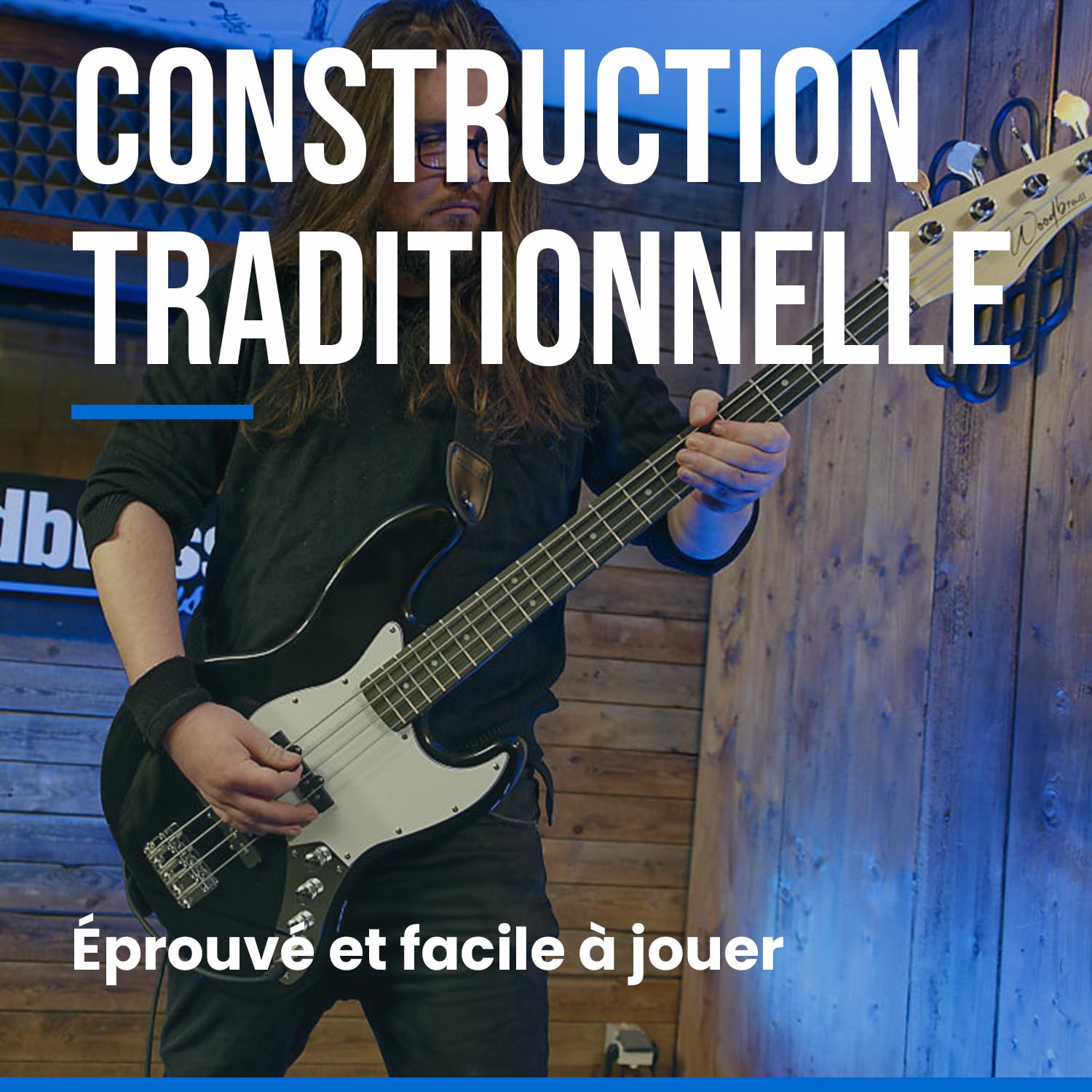 Basse électrique Woodbrass JB100 Noire - Guitare basse polyvalente idéale pour débuter - Corps forme JB Tilleul Américain Touche érable - Style rock, pop, funk, country, hard, metal