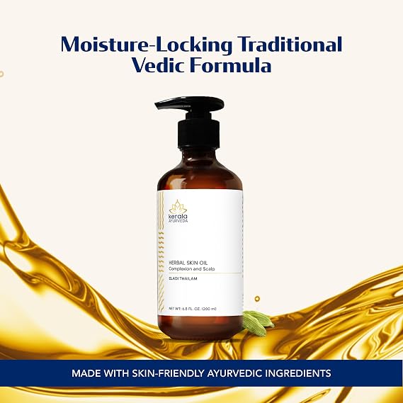 Kerala Ayurveda Herbal Skin Oil (Eladi Thailam) - Sesame Oil Based Ayurvedic Massage Oil for Radiant Body & Healthy Scalp - Moisturizes Dry Skin & Hair, Balances Vata and Kapha, 6.76 Fl Oz