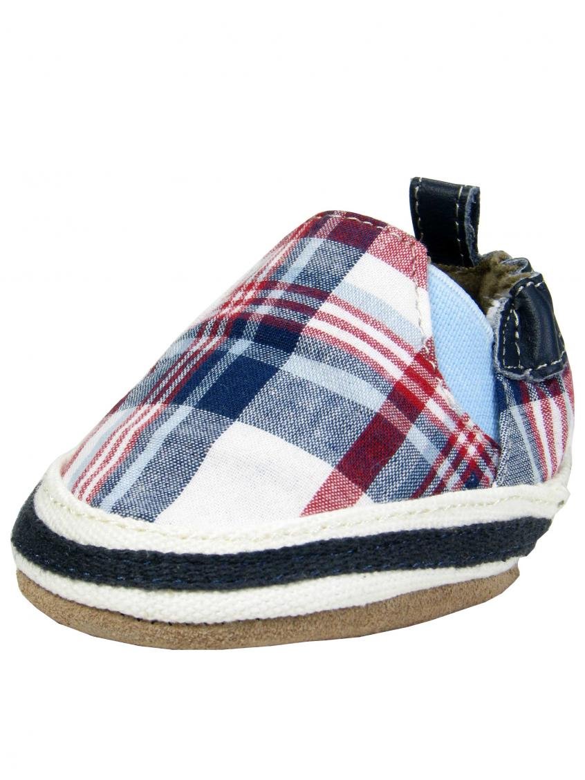 Robeez Baby Boy Plaid Canvas and Leather Soft Sole Leather Crib Shoes by Robeez