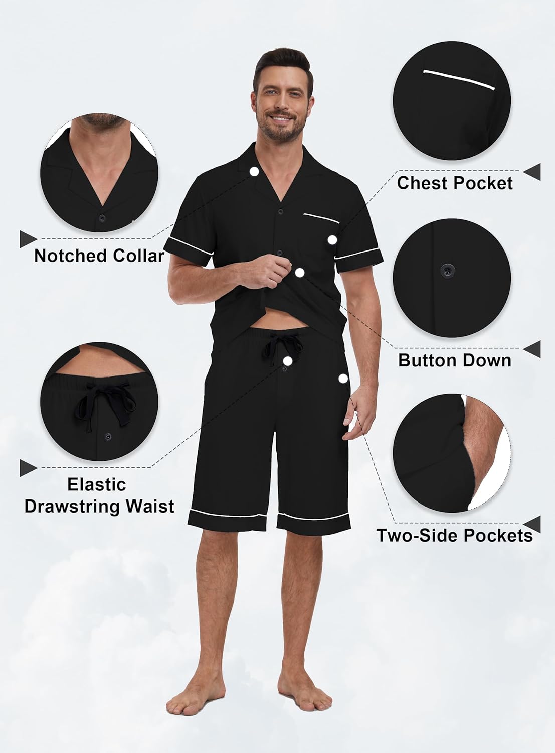 EA'S SECRET Mens Pajamas Set 100% Cotton Short Sets For Men Classic Button Down Sleepwear Summer Mens Pjs Sets With Pockets - Image 4