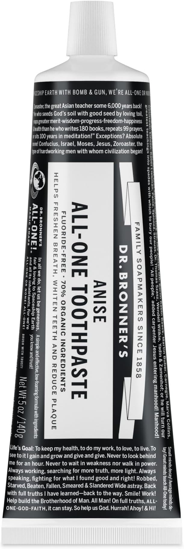 Dr. Bronner’s - All-One Toothpaste (Anise, 5 Ounce, 1-Pack) - 70% Organic Ingredients, Natural and Effective, Fluoride-Free, SLS-Free, Helps Freshen Breath, Reduce Plaque, Whiten Teeth, Vegan