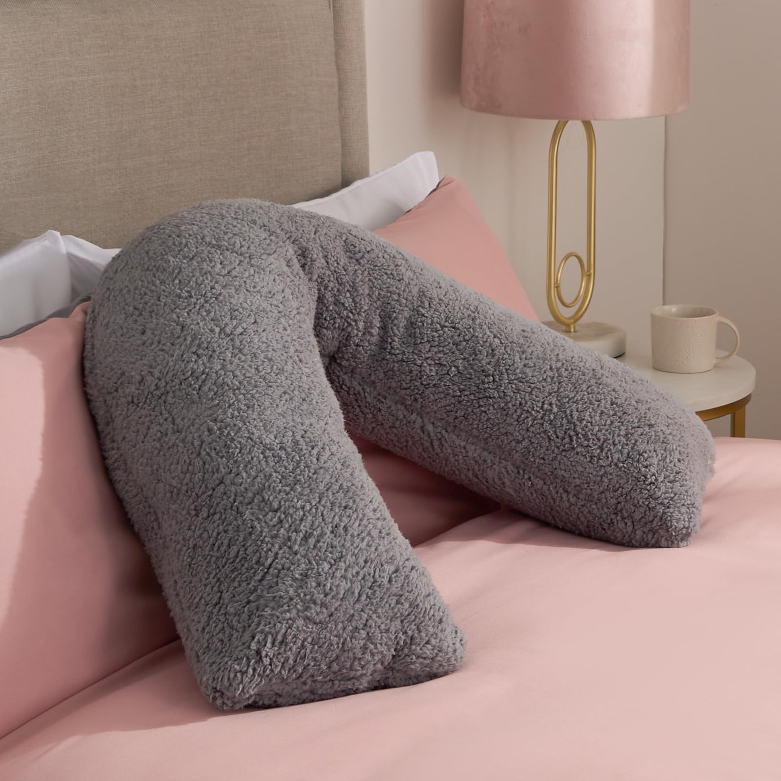 OHS V Pillow Teddy Fleece Grey, Support Pillow for Sleeping Relaxing Super Soft Warm Comfy Pillow Cuddle Cushion Orthopaedic V Shape for Bed Sofa, 80 x 60 x 25cm โ image 1