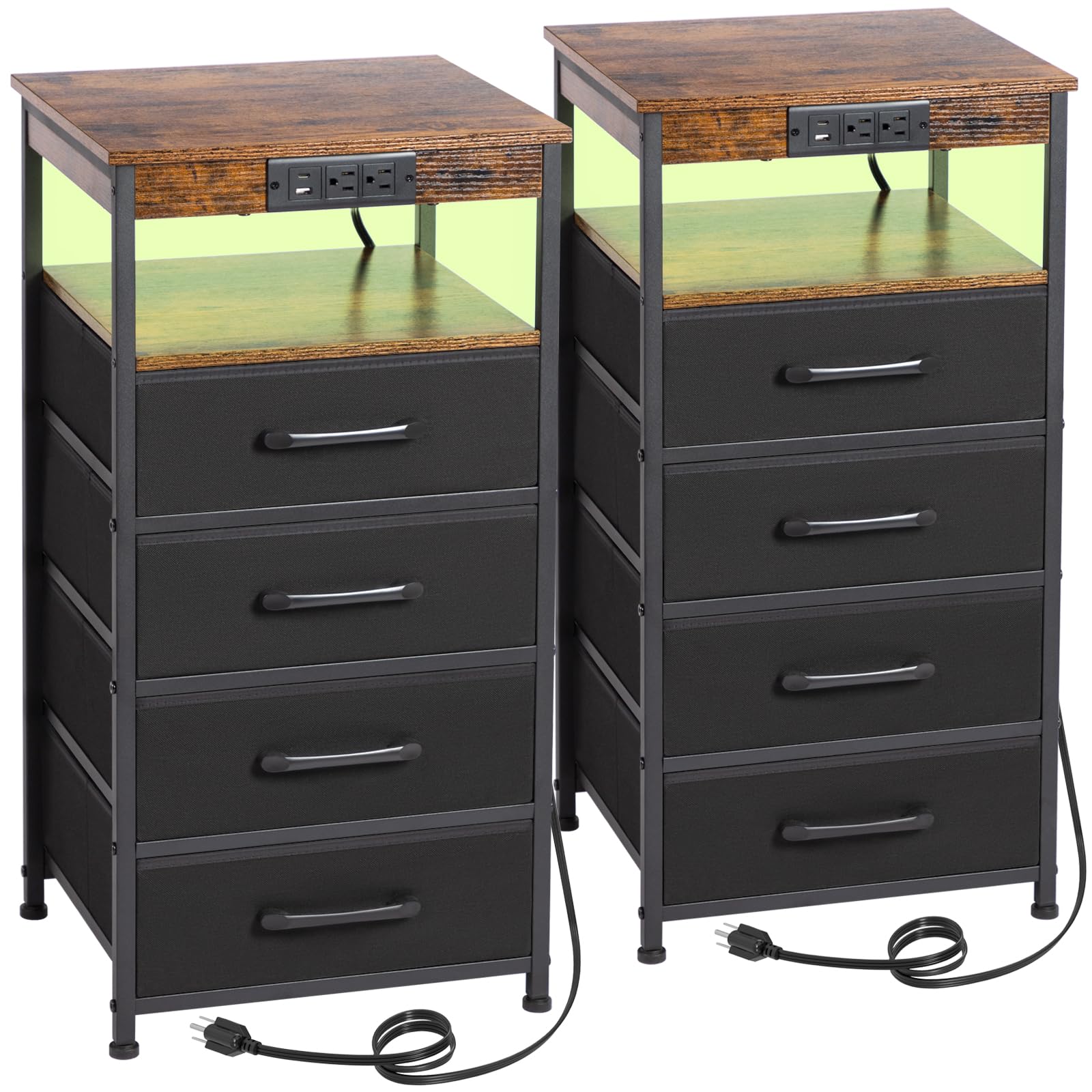 LOAKEKEL Nightstands Set of 2, Tall Night Stand with Charging Station