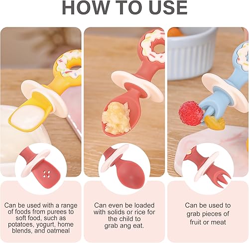 Miniatura 5 de Juego de 3 tenedores y cucharas para bebé, utensilios de alimentación para bebés de 6 a 12 meses, cucharas de entrenamiento anticaídas para el