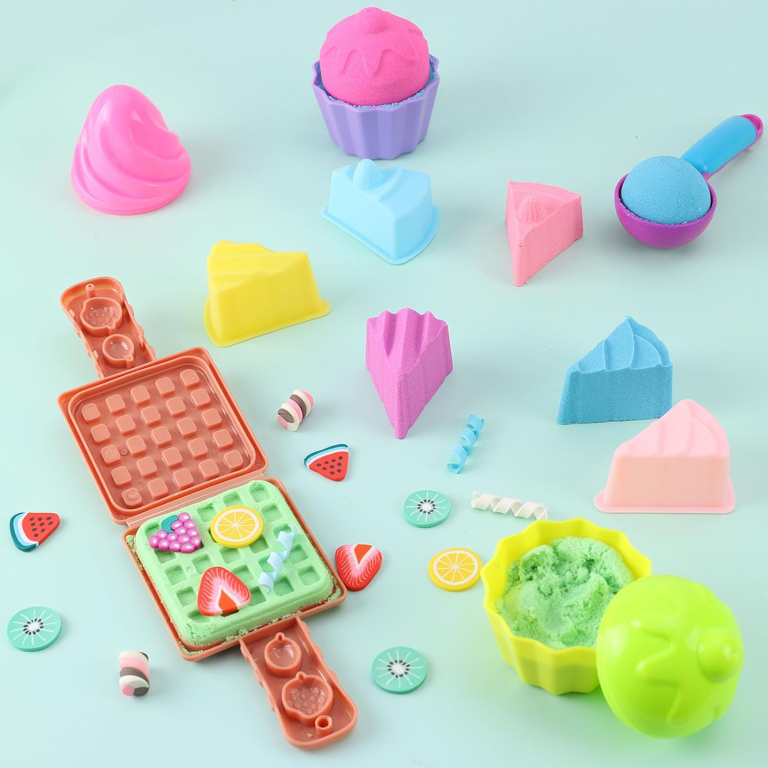 Golray Ice Cream Sensory Bin for Girls, Play Sand Art Kit with Sandbox, 2lb Magic Sand, Cake & Waffle Molds, Pretend Play Desserts Toys, Sensory Toy Set Gifts for Girl Toddlers Ages 3 4 5 6 7 8 - Image 8