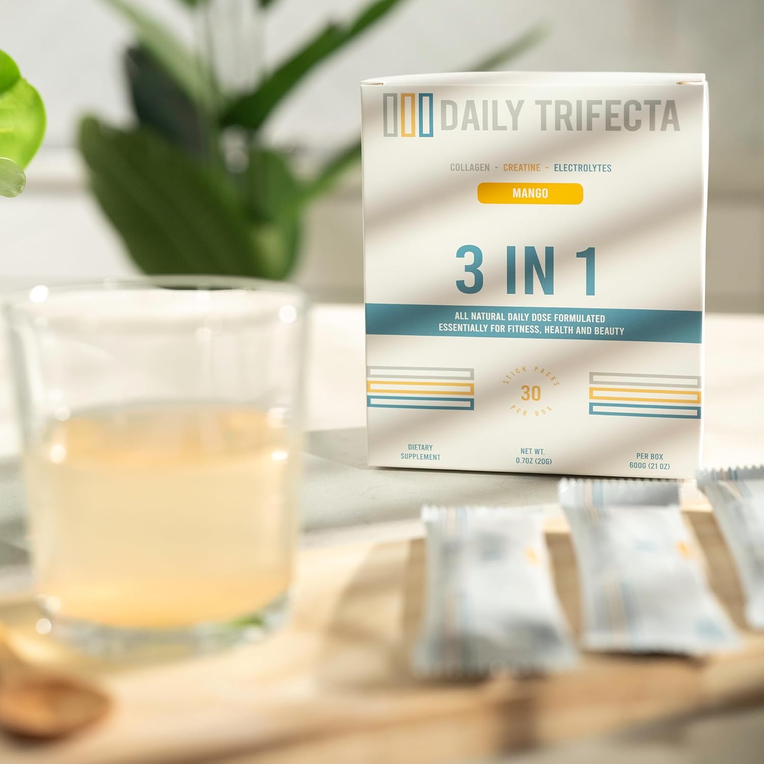 DAILY TRIFECTA 3-in-1 Collagen, Creatine & Electrolyte Stick Packs | Type I Collagen, Creatine Monohydrate, Zero Sugar | 30 Natural Single-Serve Packets | Strength, Hydration & Recovery (Mango)