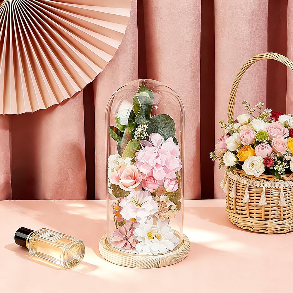 PH PandaHall Glass Cloche Display Dome 5.6x10.9inch Bell Jar Cover with Wooden Base Clear Terrarium Display Case Cloche Bottles Storage Decorative Centerpiece Stand for Flowers Succulent Home Decor image 4