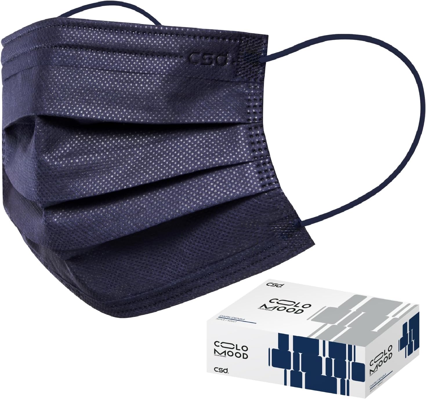 CSD Colo Mood Disposable Face Mask, 3 Ply Filter Protection with Colored Elastic Earloop, Breathable and Fashionable for Adult, Dark Denim 30 Pcs/Box