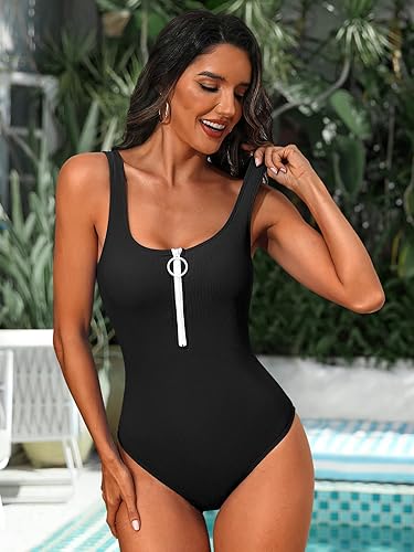 Miniatura 7 de SOCIALA Traje de baño de una pieza con cremallera para mujer, traje de baño acanalado de corte alto, traje de baño con cuello cuadrado, trajes de