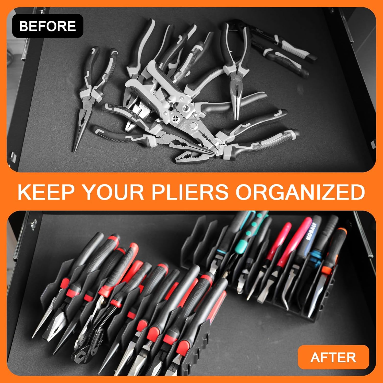 10-Slot Heavy Duty Plastic Tool Pliers Organizer Rack, 2-Pack with Non-Slip Base, Expandable Design for Wrenches, Screwdrivers & Pliers, Fits Drawers & Toolboxes (2, Black)