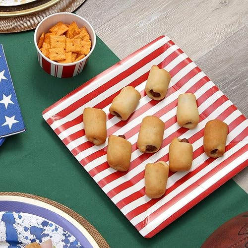 Miniatura 2 de Caspari Platos llanos cuadrados de papel con rayas rojas y blancas, 16 unidades