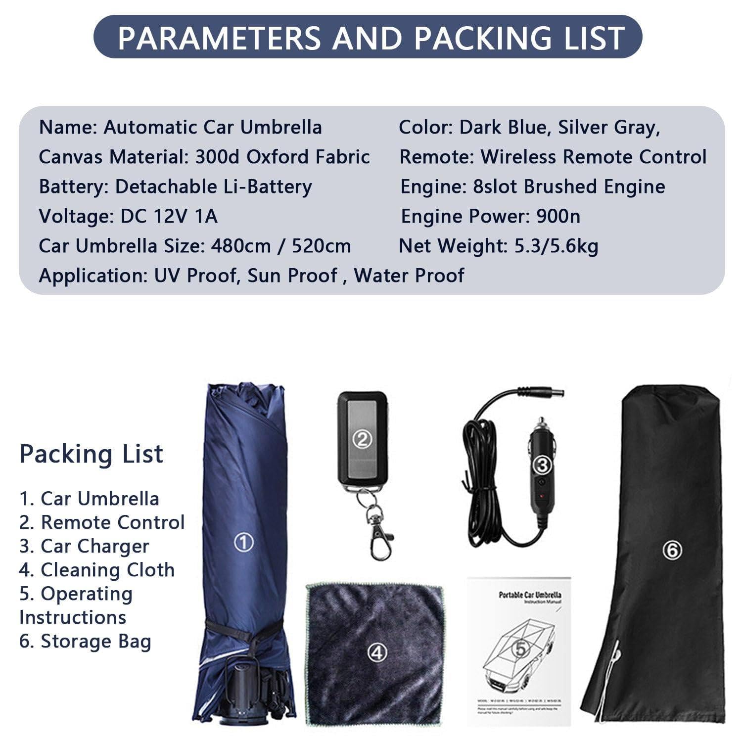 Pare-Soleil de Voiture Automatique avec télécommande, Tente Parapluie entièrement Automatique de 4,8 m/5,2 m, Tissu Oxford 300D et Batterie 3000 mAh, Pare-Soleil Pliable Facile Blue-4.8m