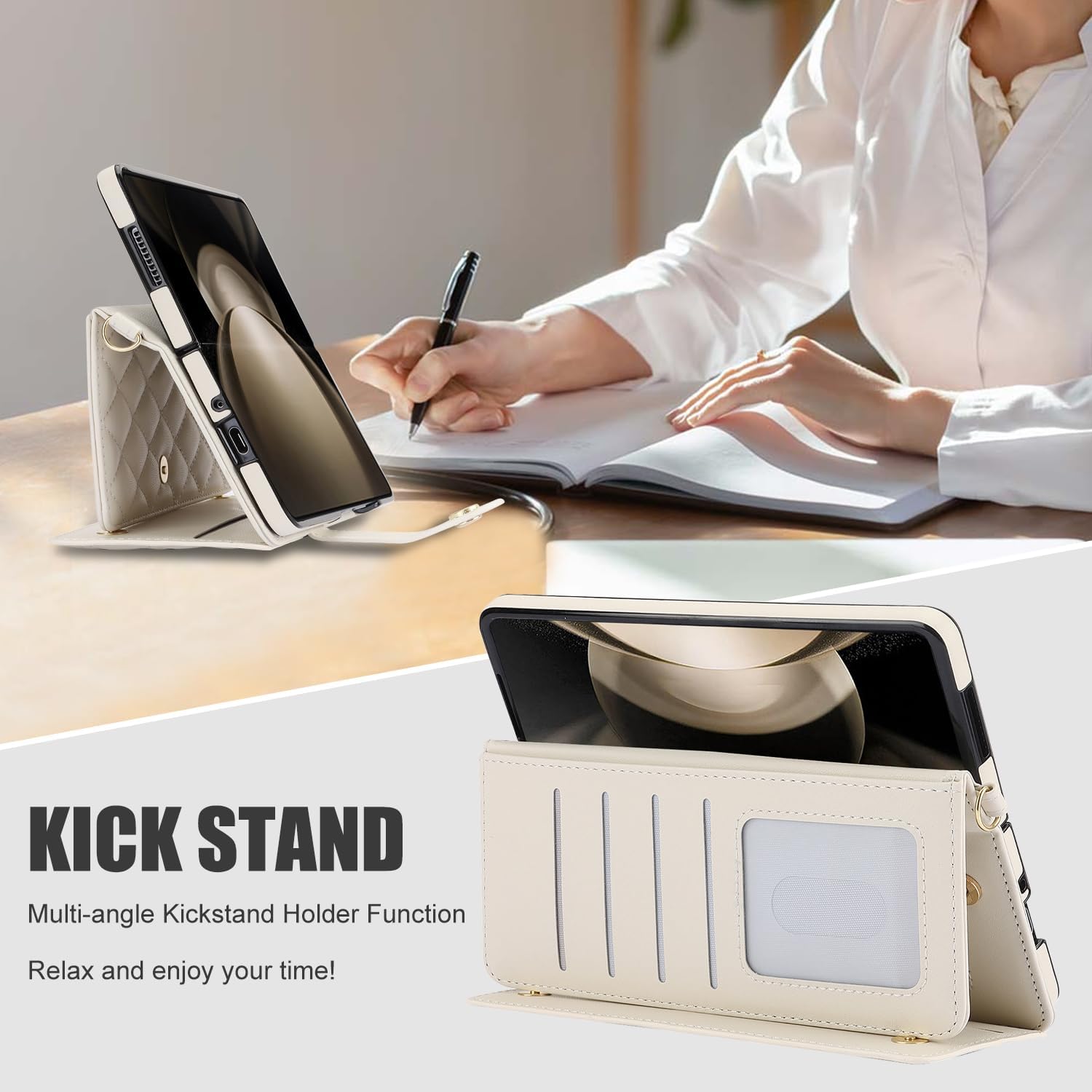 for Samsung Galaxy Z Fold 4 Wallet Case with 6 Credit Card Slots and S-Pen Slot, RFID Blocking, Adjustable Strap, Multi Card Function Premium Leather Magnetic Clasp Kickstand Cover.(White)