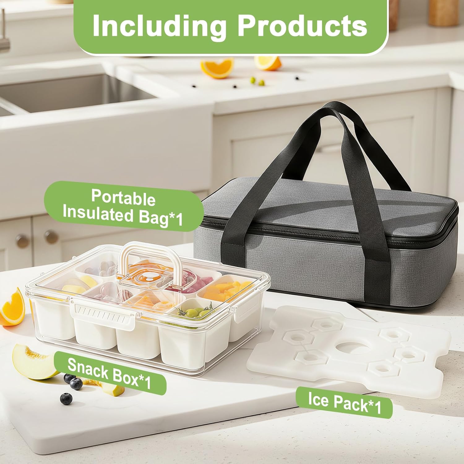 Chilled Snackle Box Container, Snacklebox with Reusable Ice Pack, Beach Essentials Insulated Bag for Parties, Road Trip, 8 Compartment Snack Container, for Fruits, Veggies, Snacks, Keep Food Cold