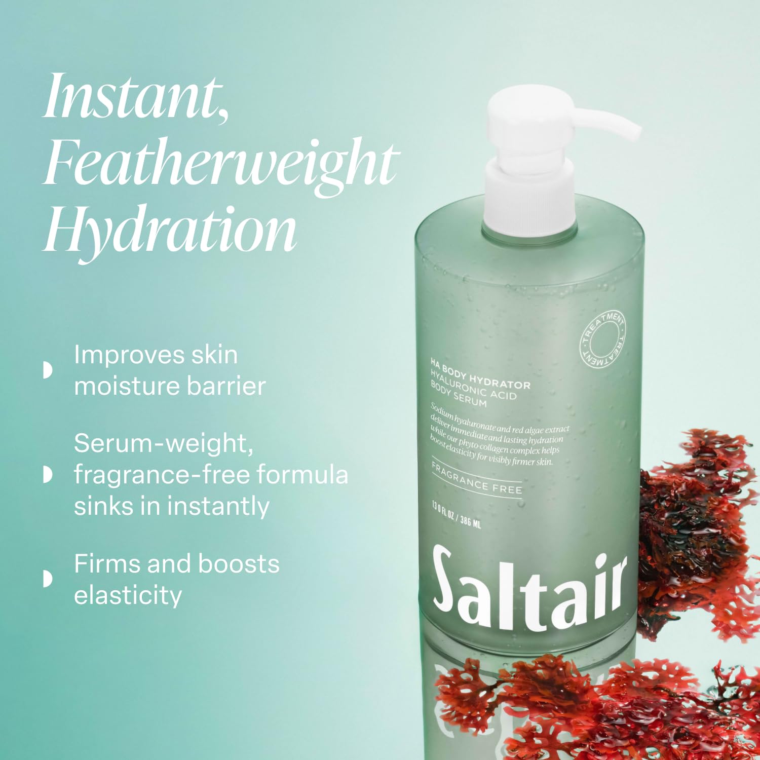 Saltair Hyaluronic Acid Body Serum - Hydrating Body Lotion for Smoother, Plumper Looking Skin - Sheer Gel Moisturizer with Sodium Hyaluronate, Red Algae and More - HA Hydrator 13oz Pump Bottle - Image 2