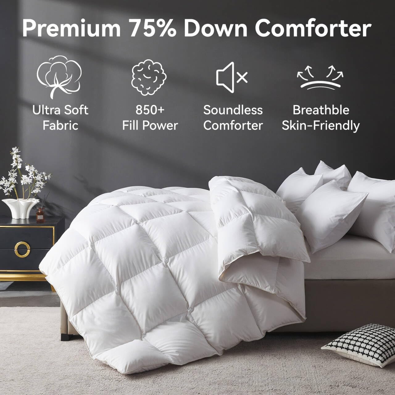 L LOVSOUL Down Comforter Oversize King Size, 850+ Fill Power Hotel Style Bedding Comforter, 1200TC, Fluffy Ultra Soft All Season White Duvet Insert with 8 Corner Tabs Oversize King White