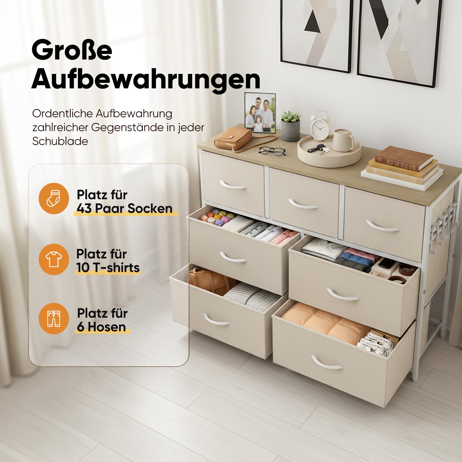 HOKEEPER Kommode 7 Schubladen Stoffbezug | Stoffschubladen, Holz, mit Schubladen, für Küche, für Schlafzimmer, für Flur, Beige, weiche Stoffschubladen