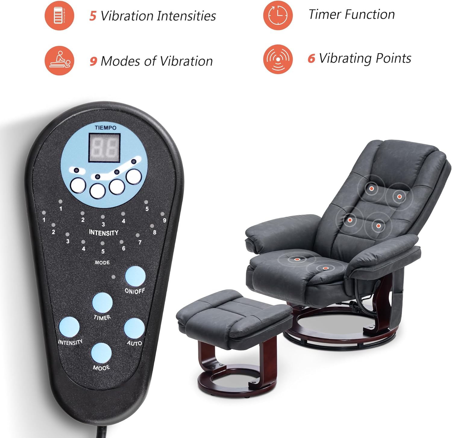 MCombo Swivel Recliner with Ottoman Chair, TV Chair Sets with Vibration Massage, for Small Space Living Room Bedroom 9096 9099 (Faux Leather, Dark Grey)