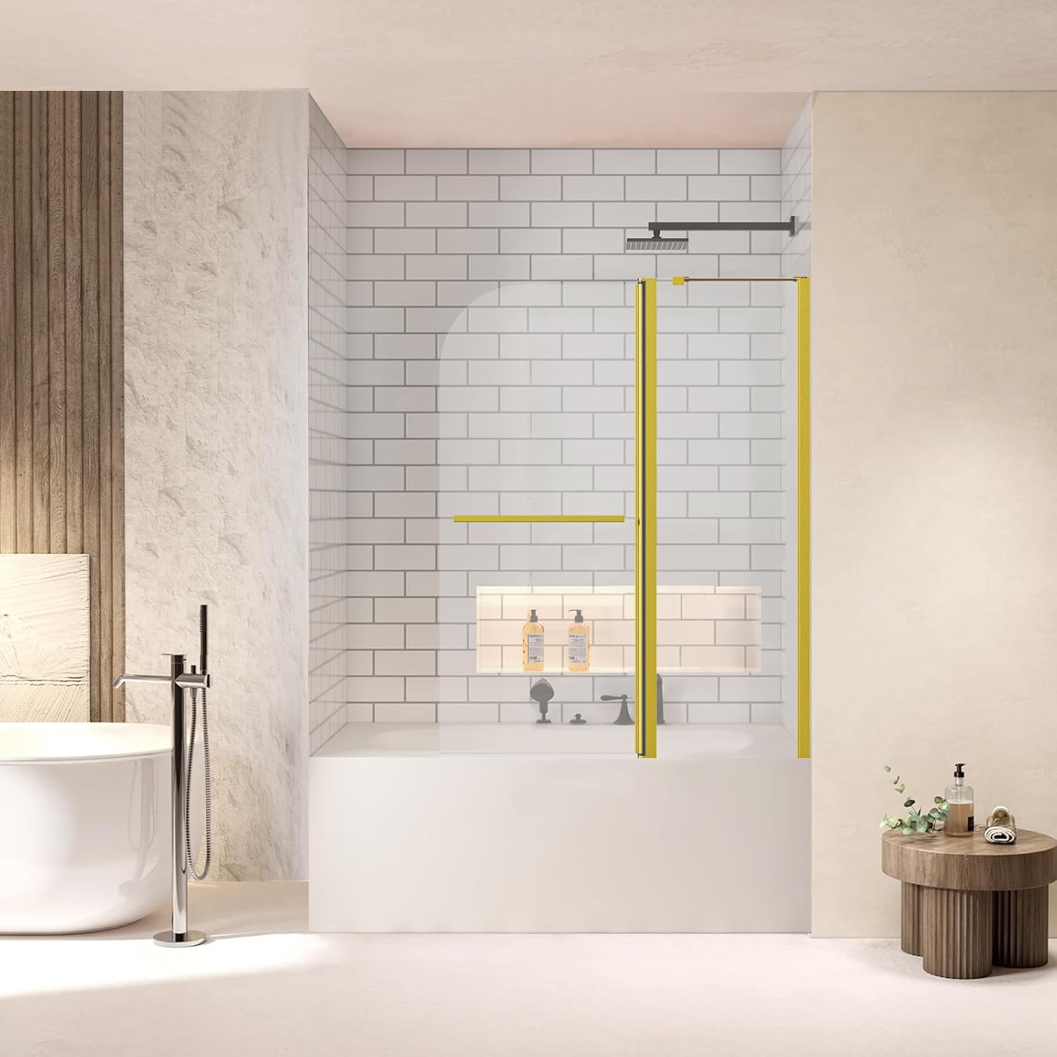 Frameless Folding Shower Door, Pivot Tub Glass Door, 43" W X 58" H, Tub Shower Door with 1/4" (6mm) Thick Tempered Glass, Bathtub Door for Bathroom,Brushed Gold