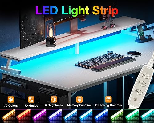 Miniatura 10 de ODK Escritorio para juegos de 40 pulgadas con tomas de alimentación USB y luces LED, escritorio reversible en forma de L con estantes de