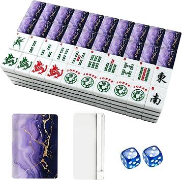 American Mahjong Tile Set Purple marble gold stripes alcohol ink Luxury violet black watercolor 166 Acrylic Mahjong Tiles 1.4" Large Mahjong Game Set with Bag and Accessories for Gift Travel Party