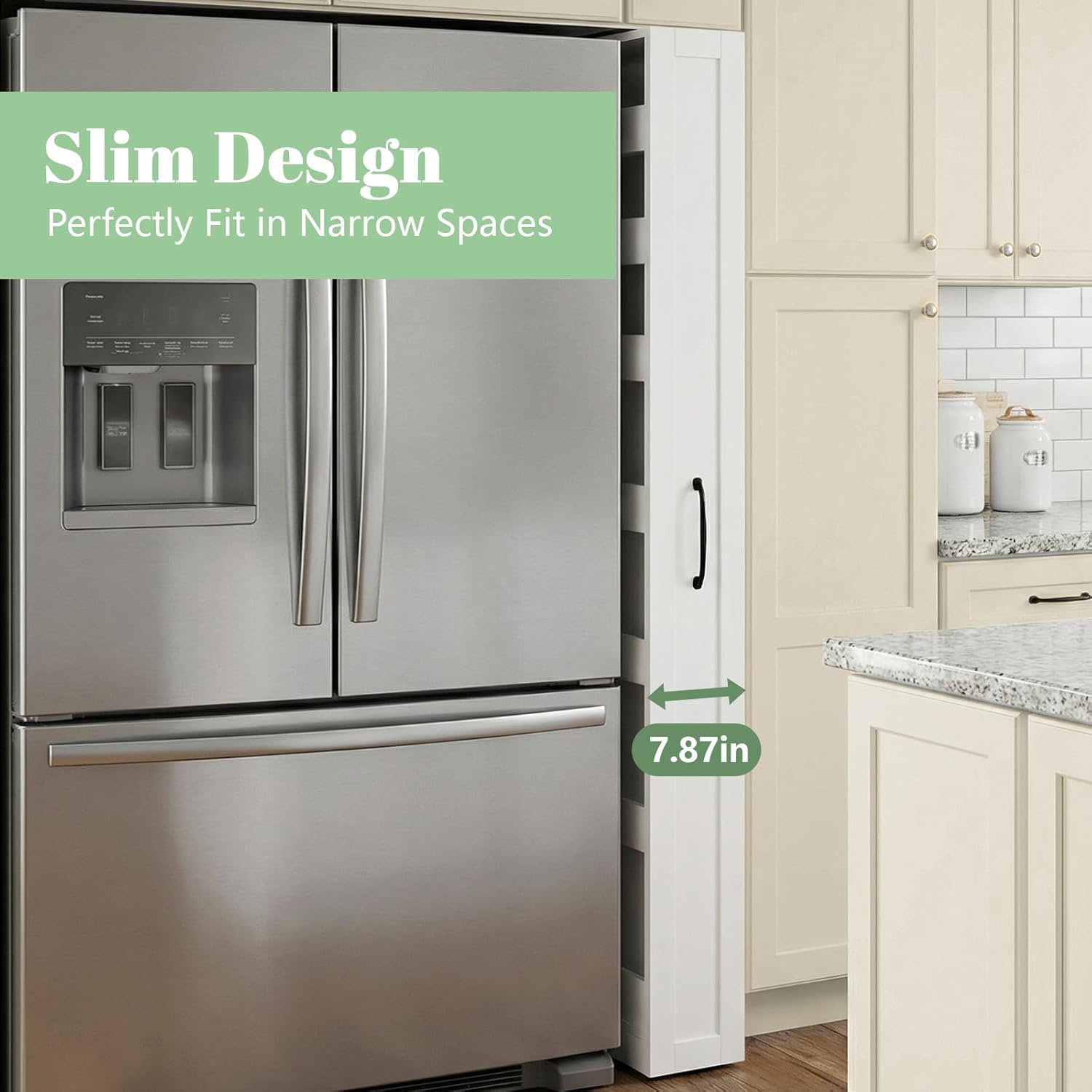 7 Tier Slim Rolling Pantry Storage Cart Wood Spice Rack on Wheels Next to Fridge Mobile Shelving Unit Space-Saving Narrow Pull-Out Utility Cart for Kitchen Bathroom Laundry Narrow Places, White