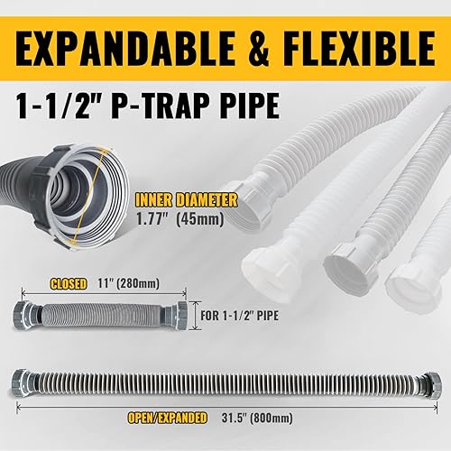 Miniatura 8 de Tubo de drenaje para fregadero P Trap de 1-12 pulgadas, tubo de drenaje flexible expandible para fregadero, tubo de drenaje en P de 11 a 31.5