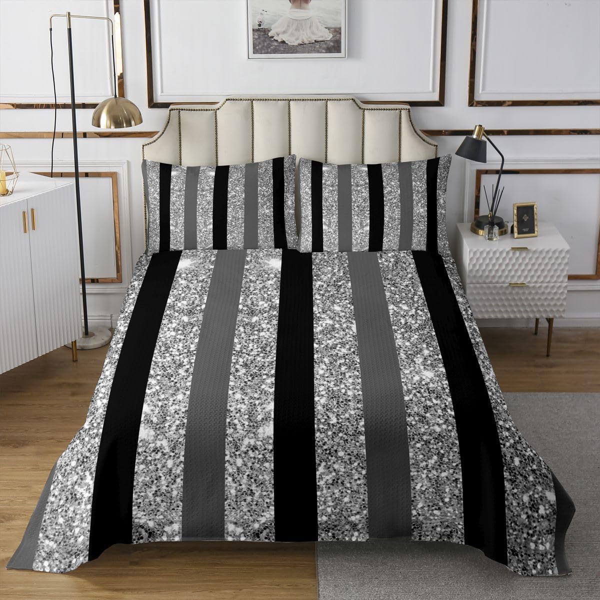 Loussiesd Set copriletto trapuntato grigio e nero a righe per letto singolo per bambini ragazzi ragazze copriletto glitterato per tutte le stagioni con 1 federa geometrica in microfibra moderna a