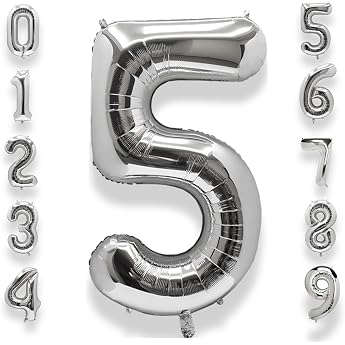 AULE Number Balloon 5 Silver XXL 101 cm Numbers Foil Balloon Birthday Silver 5 Years Helium Balloon Number Balloon for Anniversary Decoration