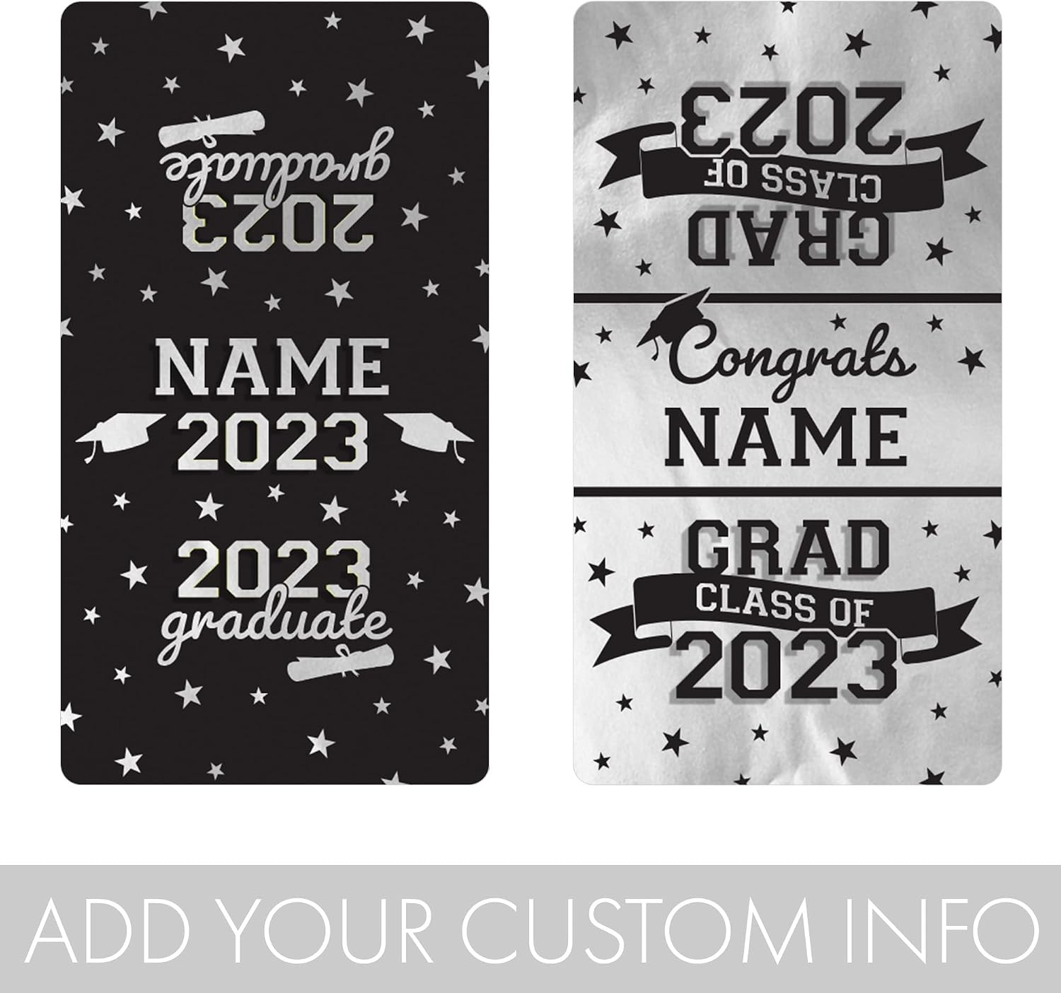 DISTINCTIVS Personalized Graduation Mini Chocolate Candy Bar Wrapper Labels, Grad Party Favor Stickers - Class of 2023-45 Stickers (Silver Foil)