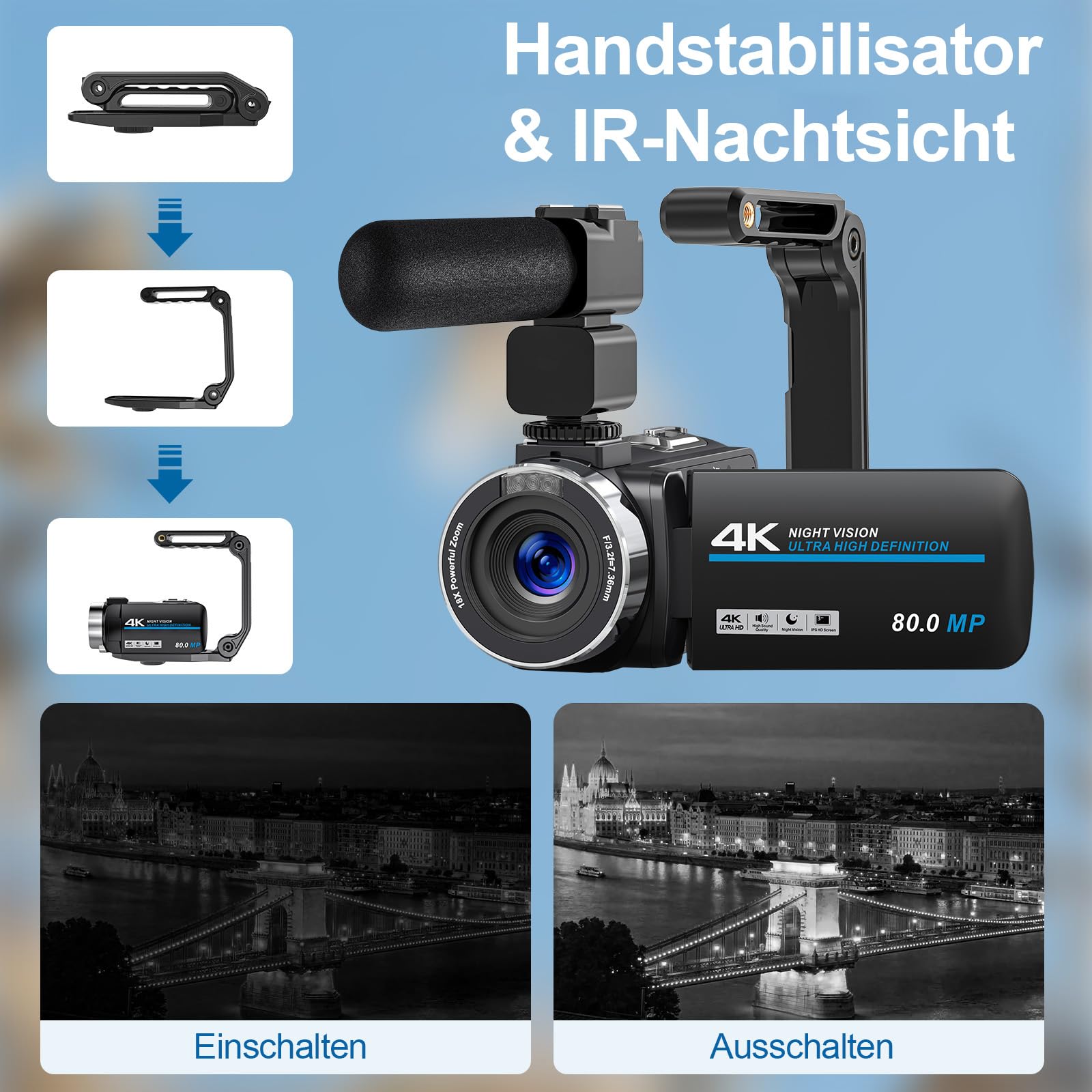 Videokamera 4K Camcorder 80MP 30FPS IR Nachtversion Vlogging Kamera 3.0-Zoll IPS Bildschirm 18X Digitalzoom für YouTube