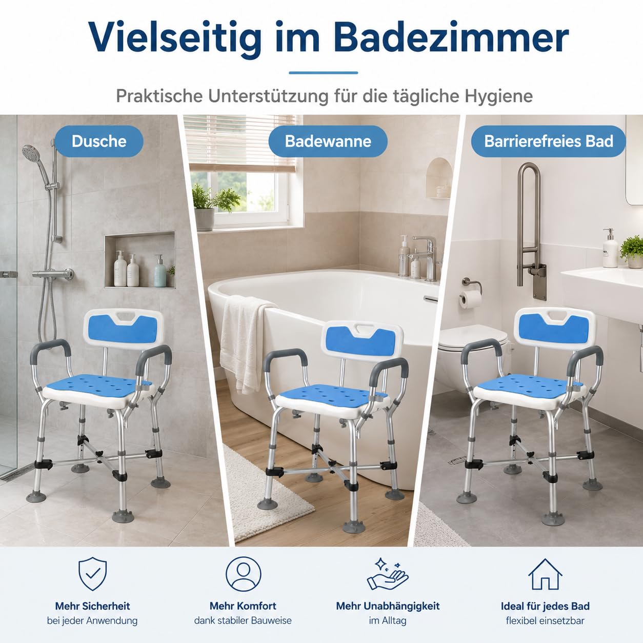 Silla de ducha con respaldo para personas mayores, asiento de ducha regulable en altura, taburete de ducha con doble viga transversal reforzada, taburete para bañera, banco de ducha con