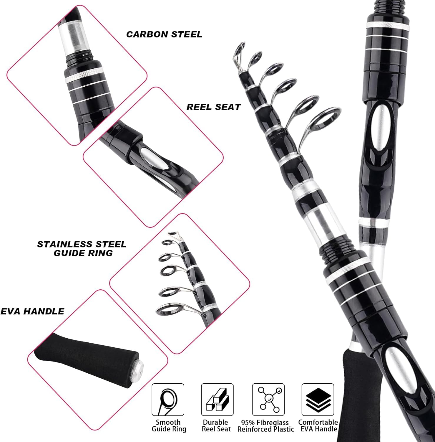 Hikary Lot de 2 cannes à pêche télescopiques et moulinets Combo Set 2,10 m Moulinet de spinning portable Leurres et accessoires avec sac de rangement Eau salée et eau douce