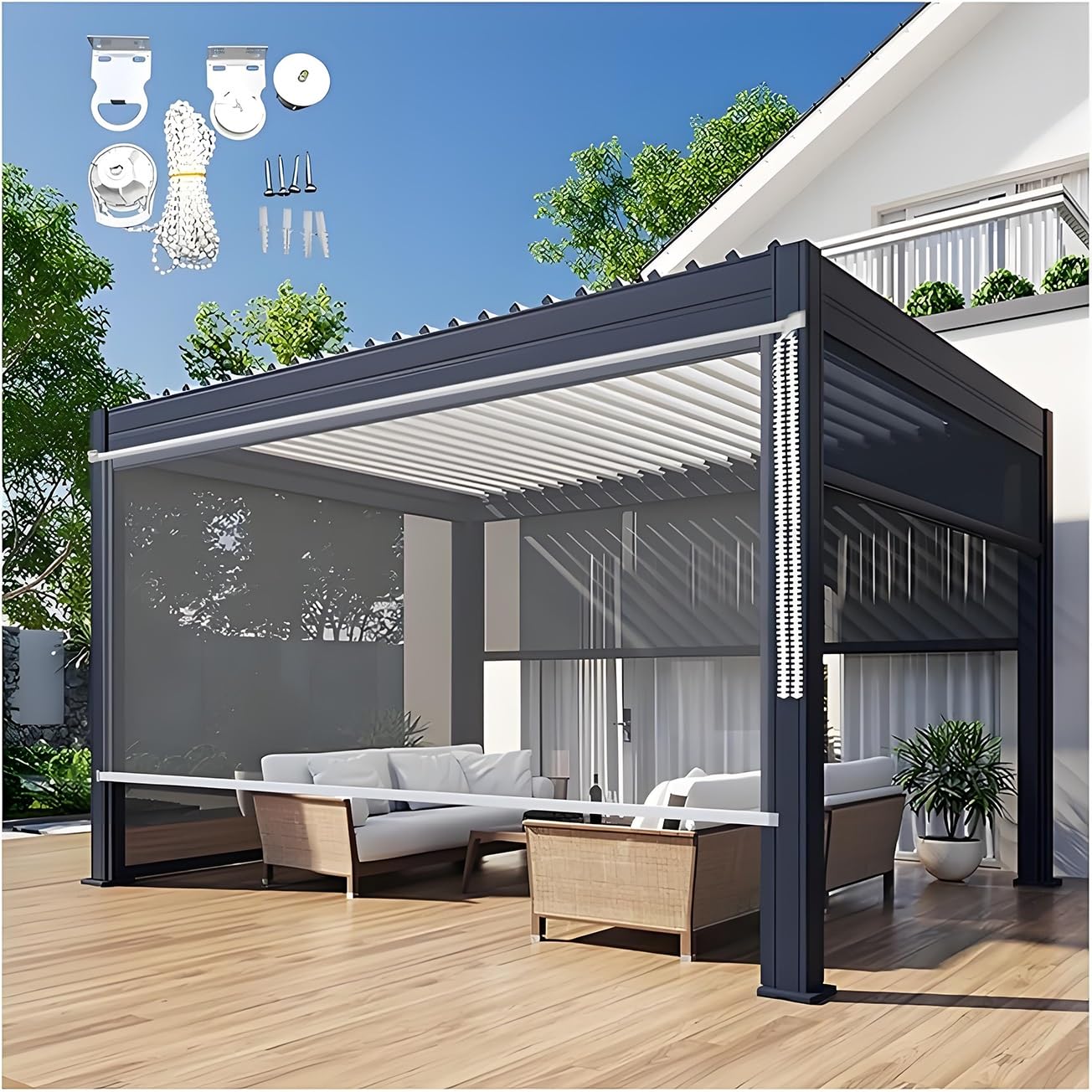 Store Enrouleur Extérieur en PVC Transparent Imperméable, Rideau De Patio Enroulable Coupe-Vent, Panneau De Vinyle pour Fenêtre, Porche, Porte De Garage, One Color 75W x 43H
