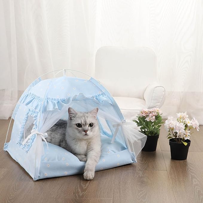 Cama Tienda para Gatos y Perros Pequeños Mediana Azul Plegable miniatura 6