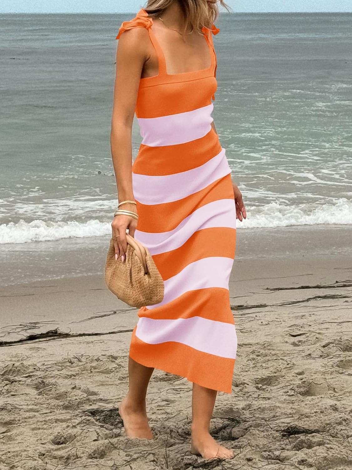 Saodimallsu Womens Summer Sleeveless Bodycon Sweater Dress Striped Knit Tie Square Neck Side Slit Midi Tank Dresses - Image 2