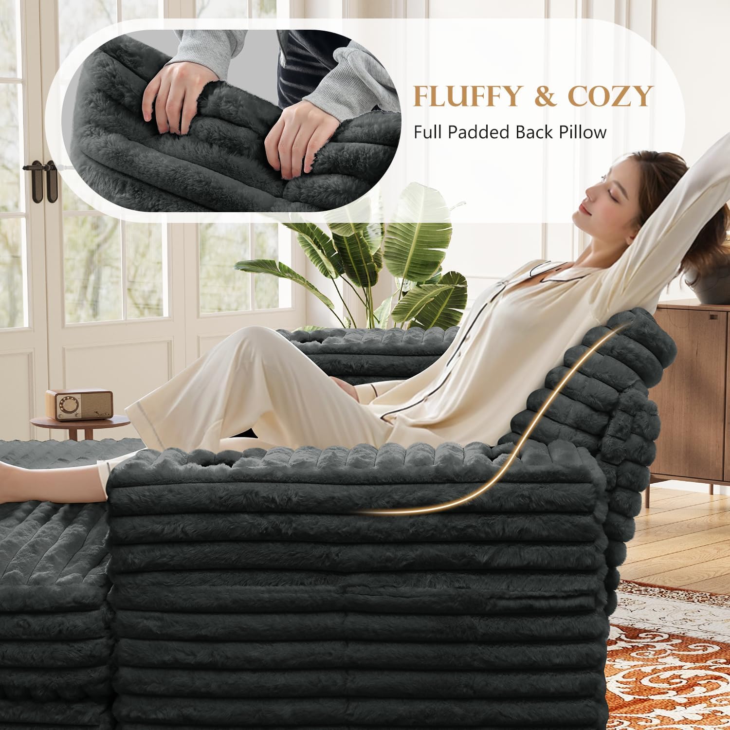 60" Chaise Lounge Chair Indoor, Upgraded Oversized Comfy Sofa Bed, Fluffy Plush Faux Fur Sleeper Couch Lazy Chair Bed, Reading Chairs Cloud Couches for Living Room,Dark Grey Dark Grey Set of 1
