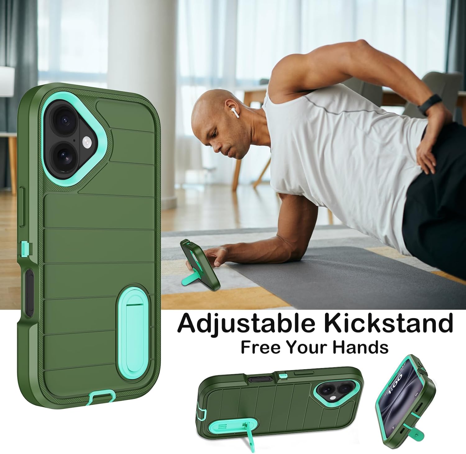 for iPhone 16 Plus Case with Screen Protector,Built-in Invisible Kickstand,Heavy Duty Shockproof Drop Protection Military Grade Tri-Layer Rugged Durable Cell Phone Cover for Apple 16 Plus 6.7"(Green) - Image 5